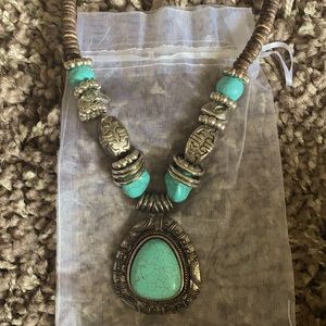 Boho chic beaded turquoise and wood necklace.